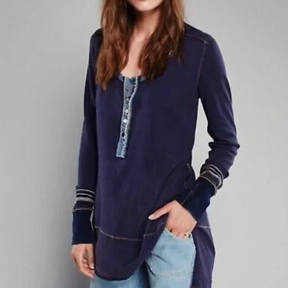 Free People Blue Slouchy Exposed Stitch Embellished Henley Top | Boho Grunge S - Picture 2 of 16